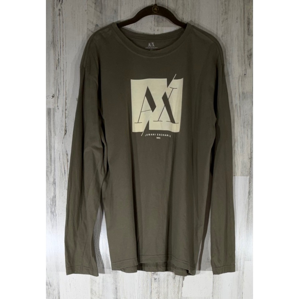 Armani Exchange Long Sleeve T-Shirt Olive Green Graphic Logo Crew Neck Tee READ
